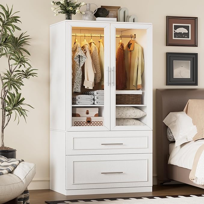 PAKASEPT Armoire Wardrobe Closet with Glass Door and Drawers, Bedroom Closet Wardrobe Cabinet with Hanging Rod, Lighted Freestanding Armoire Storage Cabinet for Bedroom Cloakroom White
