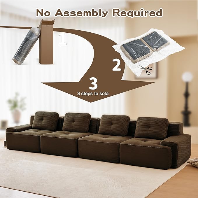 Casaphoria 150'' Brown Corduroy Cloud Couch, 4-Seater Boneless Sectional Sofa with 4 Pillows for Living Room, Deep Seat Sofa, No Assembly Required