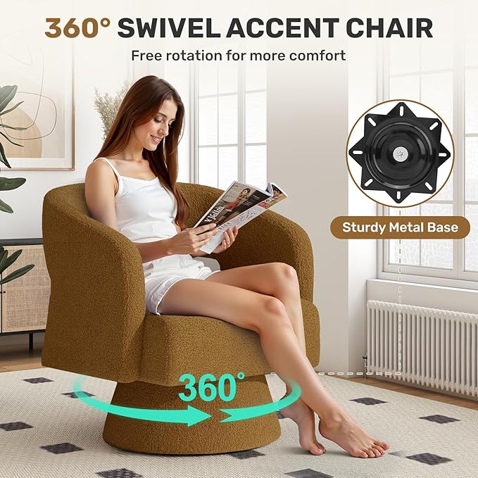 Nebuaegis Swivel Accent Chair Set of 2, Modern Comfy Teddy Barrel Chairs, Oversized Upholstered Round Arm Chair for Living Room, Bedroom, Reading Room, Brown