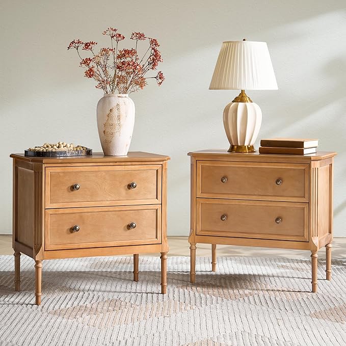HULALA HOME Solid Wood End Table with Charging Station, Mid-Century Modern End Table with 2 Drawer, Adjustable Solid Wood Feet, Easy Assembly Set of 2, Teak by HULALAHOME