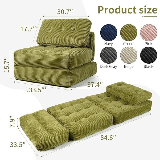 Art3d Folding Sofa Bed, Convertible Sleeper Sofa Bed with Pilow & Back Support, 3 in 1 Long Futon Boneless Couch, Comfy Floor Couch for Living Room, Bedroom, Grass Green