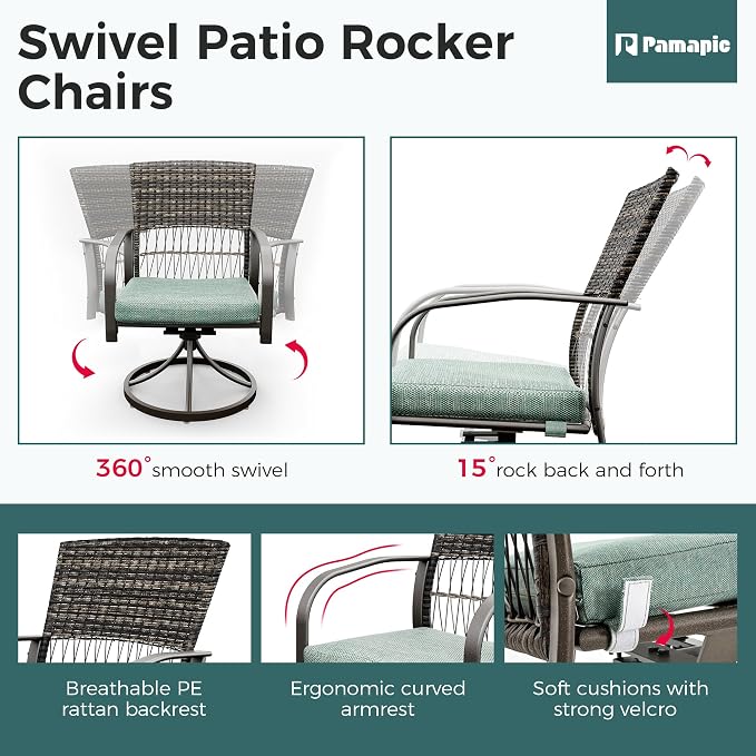 Pamapic 5-Piece Outdoor Dining Set with Swivel Chairs, Rattan Patio Furniture for Backyard, Deck, Garden, Weather-Resistant Iron Slats Table & 4 Chairs with Removable Cushions (Green) - Image 5