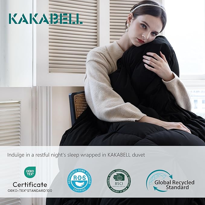 KAKABELL Pinch Pleat Goose Down Feathers Fiber Comforter Palatial King Size All Season-Ultra Soft and Cozy Noiseless Duvet Insert with Egyptian Cotton Blend Cover,Fluffy Warm Comforter Black,120"X98"