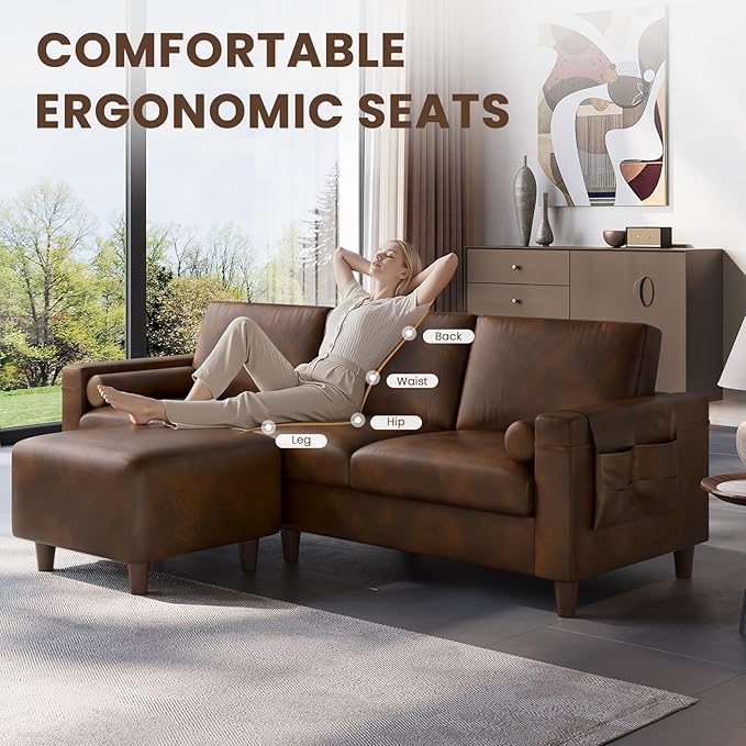 Vesgantti 100" L Shaped PU Faux Leather Sofa with Movable Ottoman, 3 Seater Leather Sectional Couch with Side Pocket, Comfy Modern Modular Couch for Living Room, Apartment, Cocoa