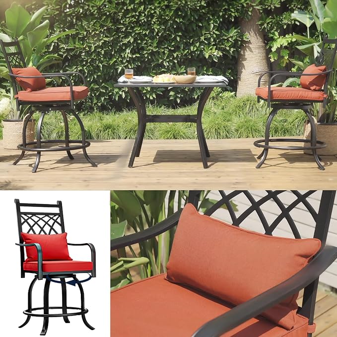 DWVO Metal Outdoor Bar Stools Set of 2, Heavy-Duty Bar Height Outdoor Chairs 352 Lbs Capacity, All-Weather E-Coated Swivel Barstools with Red Cushion & Pillow for Patio Deck Balcony - Image 3