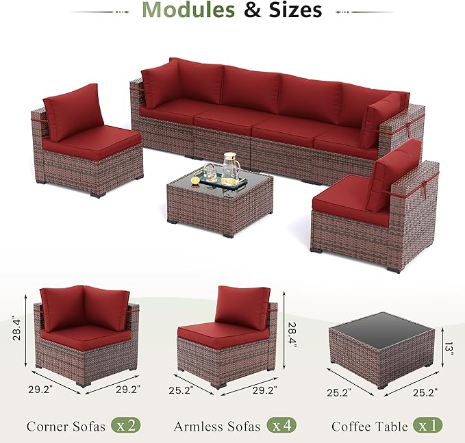Amopatio Patio Furniture Set Modular Outdoor Sectional 7 Piece Wicker Patio Set, Multiple Combinations Outdoor Sofa w/Coffee Table, Waterproof Cover Included, Burgundy