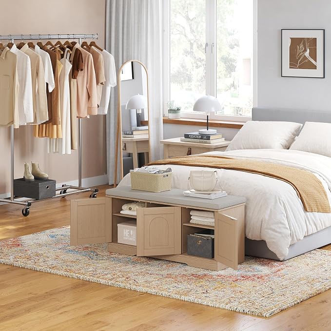 DINZI LVJ Shoe Bench, Entryway Storage Bench with Doors, Cushion, 2-Tier Shoe Rack with 6-Cubby, 39.4”L x 13.8”W Shoe Organizer Cabinet, Adjustable Shelf, Living Room, Bedroom, Natural - Image 2