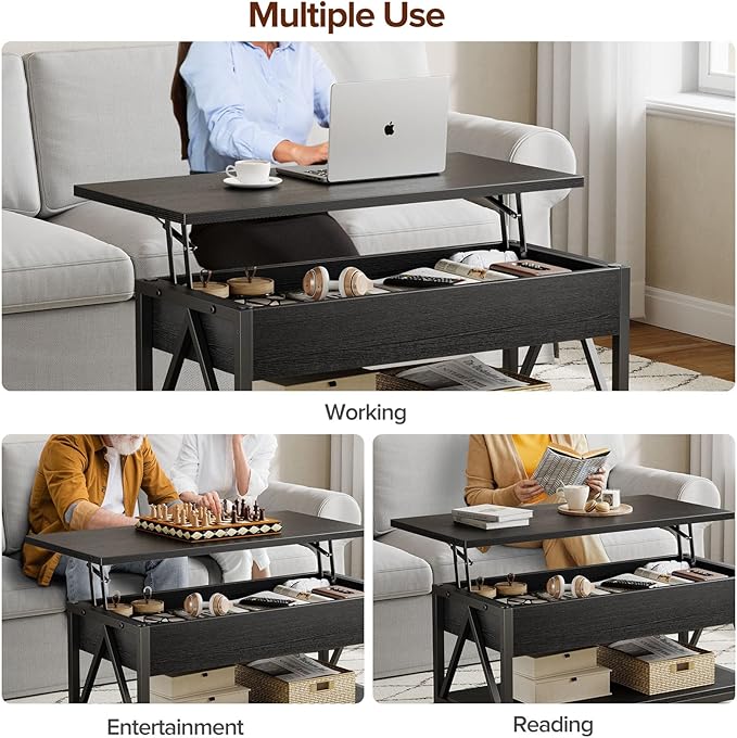 Lift Top Coffee Table,Lift Coffee Tables with Storage Shelf and Large Hidden Compartment for Living Room,Lift Tabletop Dining Center Table for Small Space, Black
