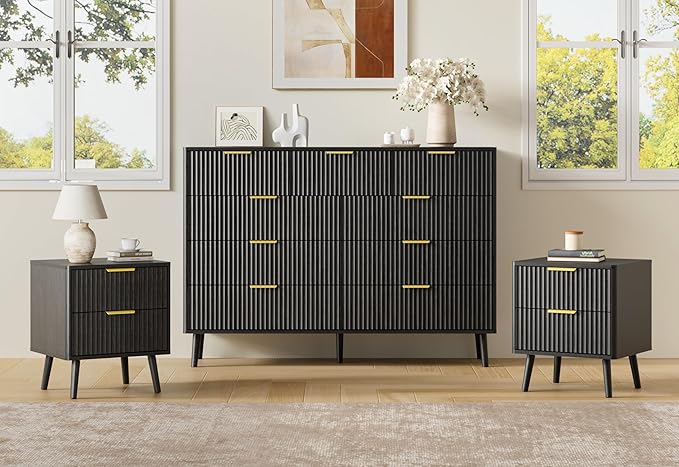 LYNSOM Fluted Dresser and Nightstand Set, 3 Pieces Bedroom Set, 55 Inch Wide 9-Drawer Dresser & 2-Drawer Nightstands Set of 2, Modern Dressers Set for Bedroom, Hallway, Black
