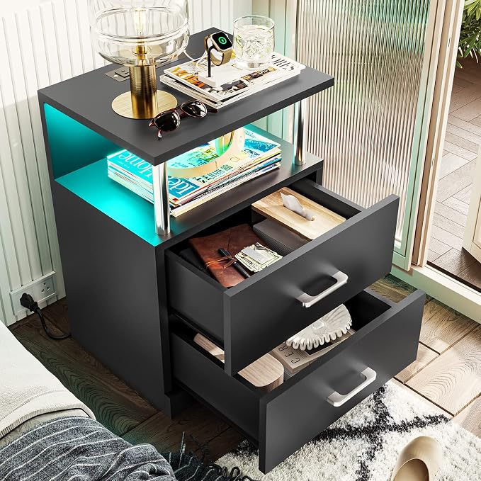 VIAGDO Black Nightstand Set of 2 with Charging Station and USB Ports, LED Night Stand with 2 Drawers, Modern End Side Tables with Open Storage, Bedside Tables for Bedroom, Office - Image 4