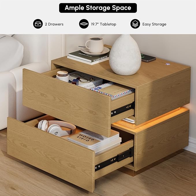 homary Smart Nightstand Set of 2 with Wireless Charging Station, USB & Type-C Ports, LED Light, 2 Drawers – Modern Natural Bedside Table for Bedroom Storage - Image 5