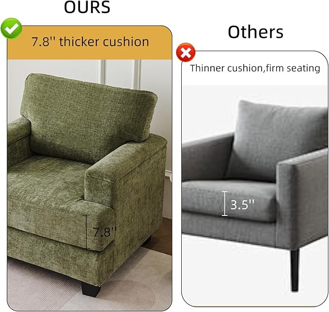 Oversized Living Room Chairs Set of 2,Comfy Accent Chair with Armrest Organizer,Upholstered Modern Armchair Thick Cushion,Big Reading Chair,Sofa Chair for Bedroom,Green