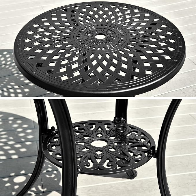 DWVO 30 Inches Round Patio Dining Table with Umbrella Hole, Antique Cast Aluminum Outdoor Bistro Table Outdoor Side Table for Backyard, Garden, Patio, Porch, Black - Image 7
