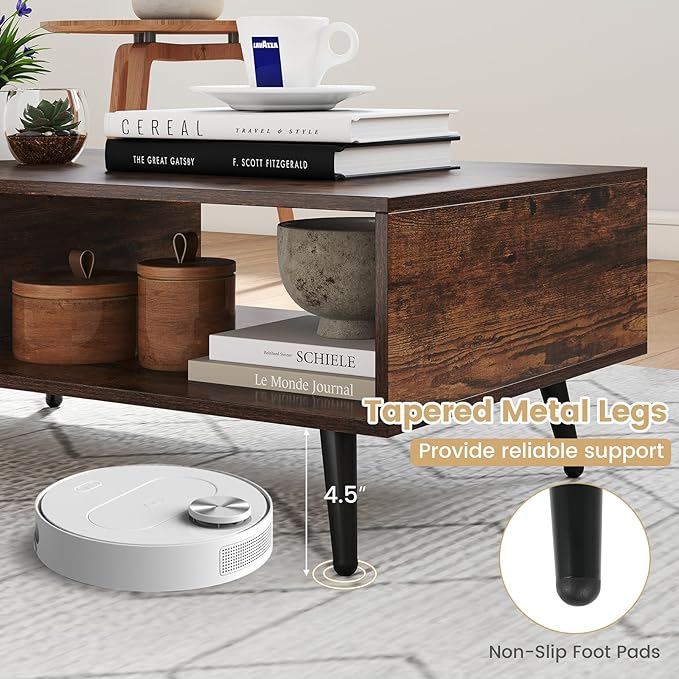 Giantex Coffee Table with Storage, Mid Century Modern Center Table for Living Room, Rectangle Tea Table with Open Storage Shelf & Floor-Anti-Scratching Tapered Metal Legs, Rustic Brown (Rustic Brown)
