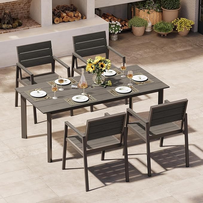 Outdoor Dining Set for 4, Patio Table and Chairs Set with Umbrella Hole, 5 Pieces HDPS + Aluminum Outdoor Furniture Sets for Patio, Garden (Gray & Teak) by Oasbira