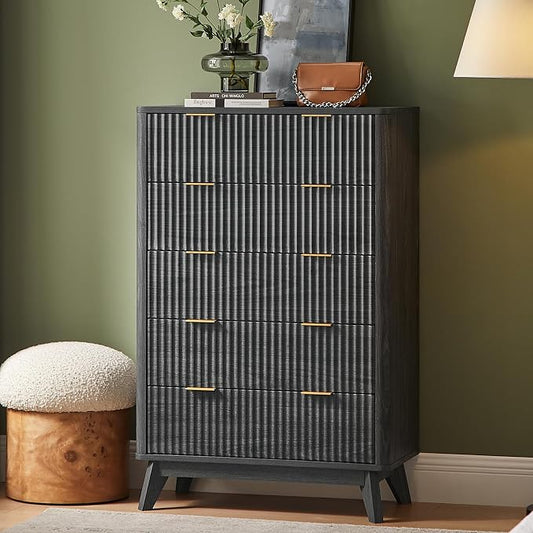 T4TREAM Fluted 5 Drawers Dresser, 48" Tall Modern Chest of Drawers, Curved Profile Design, Wood Drawer Organizer for Bedroom, Living Room, Hallway, Entryway, Dark Alder by T4TREAMFurniture