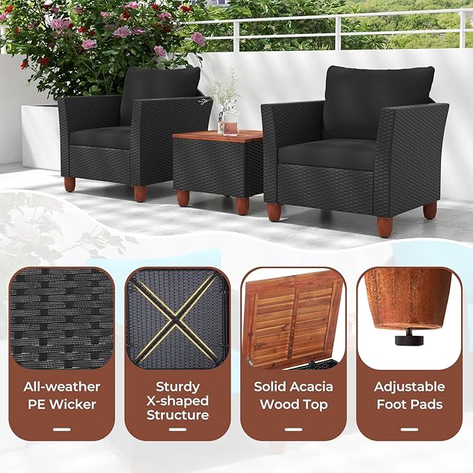 ORALNER 3 Pieces Patio Furniture Set, Outdoor Wicker Conversation Chairs with Cushion, Acacia Coffee Table, Rattan Bistro Set for Balcony Garden Backyard Front Porch Poolside (Black)