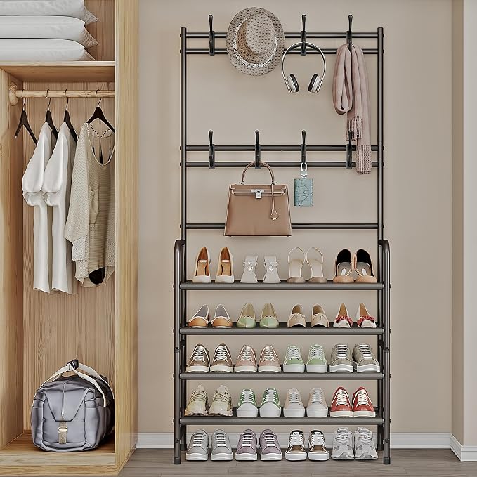 4 Tier Coat and Shoe Rack Entryway Coat Rack with 8 Hooks Shoes Organizer for Living Room Bedroom Office Brown - Image 4