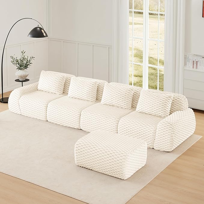 146" L-Shaped Compressed Sectional Cloud Sofa, Flannel Upholstered Modular Deep Seat Sofa with 5 Pieces, Modern Floor Boneless Foam Modular Cloud Couches for Living Room