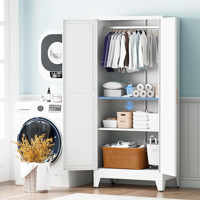 Steel Armoire Wardrobe Closet with 2 Doors and 2 Shelves, 71" H Freestanding Wardrobe Cabinet, Large Closet with Hanging Rod, White Metal Closets, Bedroom Armoire for Bedroom, Office