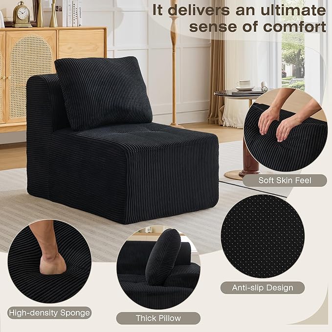 Modular Sectional Sofa, Boneless Couches for Living Room, Corduroy Couch, Big Comfy Couch, Modular Cloud Sofa with Deep Seat (Black, 1 Piece-Middle Seat)