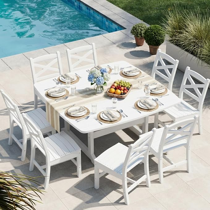 Outdoor Dining Set, HDPE 9-Piece Patio Table and Chairs Set, All-Weather Outdoor Dining Table Set for 8 with Umbrella Hole, Durable Patio Furniture Set with Chairs,White - Image 7