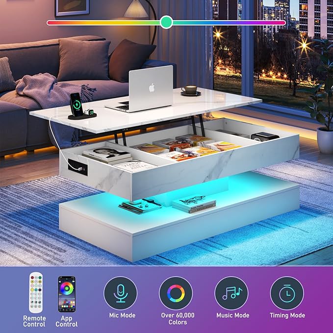 47.2" Large Lift Top Coffee Table, Modern LED High Glossy Coffee Table with Charging Station, Lights, Hidden Compartment Storage, Lift Center Tables for Living Room, Home Office, White