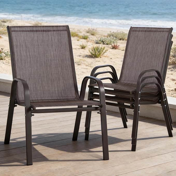 Wider Outdoor Stackable Chairs Set of 4, Stacking Patio Chairs with Textilene Fabric, Outside Furniture for Garden Backyard Balconie Poolside Deck, Brown - Image 9