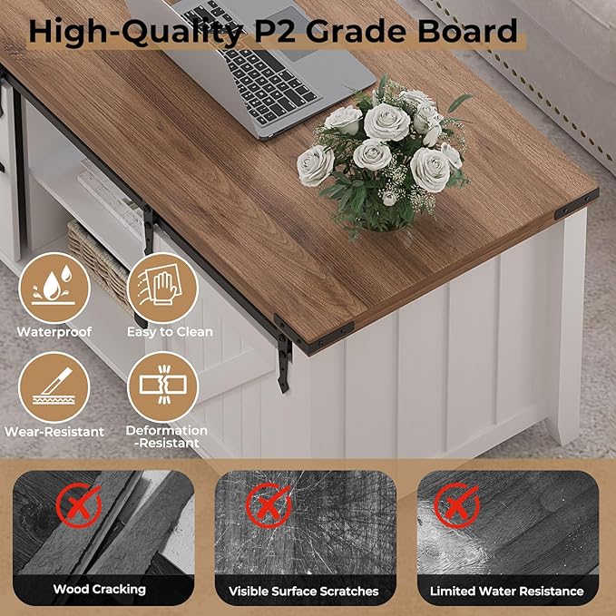 48" Farmhouse Lift Top Coffee Table with Storage, Sliding Barn Door, Large Hidden Compartment, Wooden Lifting Tabletop with Adjustable Shelf for Living Room, Office (White)