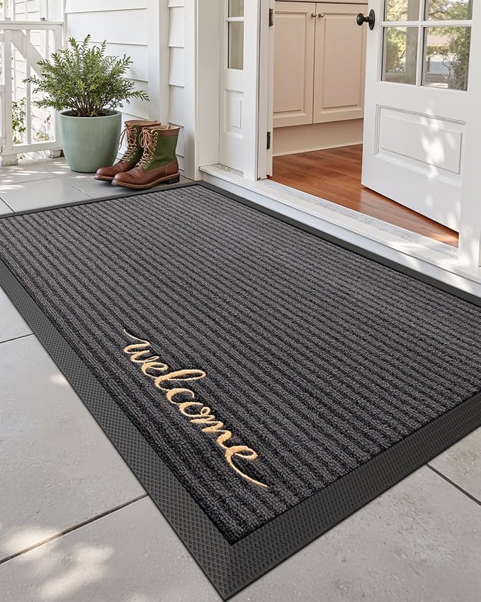 DEXI Front Door Mat Outside Entrance, 3x5 ft Rubber Entry Doormat Heavy Duty, Non Slip Welcome Mats for Inside House Floor Entryway Exterior Patio, Welcome Grey by DEXI
