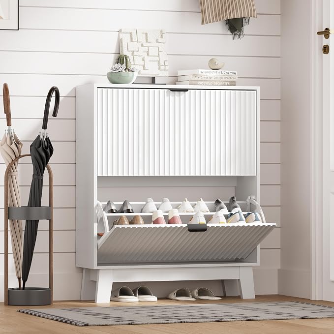 HUANLEGO Shoe Cabinet Storage for Entryway with 2 Flip Drawers, Fluted Narrow Shoe Organizer with Wooden Legs, Freestanding Slim Shoe Storage Hidden Shoe Rack Organizer for Front Door Entrance, White by HUANLEGO