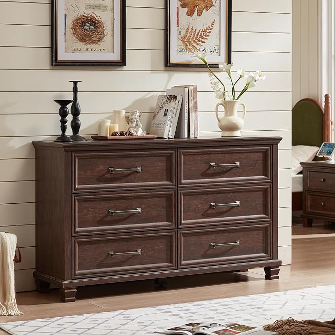 SAVOR LIFE Farmhouse Espresso 6 Drawer Dresser for Bedroom, 54 inch Wide Vintage Large Chest of Drawers with Wood Legs, Rustic TV Console for Living Room, Walnut Wooden Storage Closet Dressers - Image 6