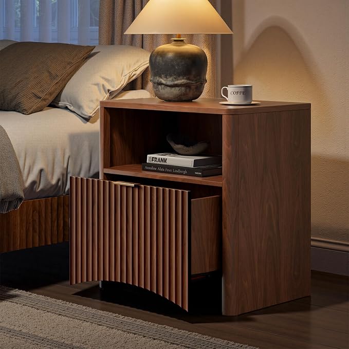 Evermagin Fluted Nightstand, Walnut Bedside Table with Drawer and Storage, Wood End Table Mid Century Modern, Large Night Stand for Bedroom - Image 4