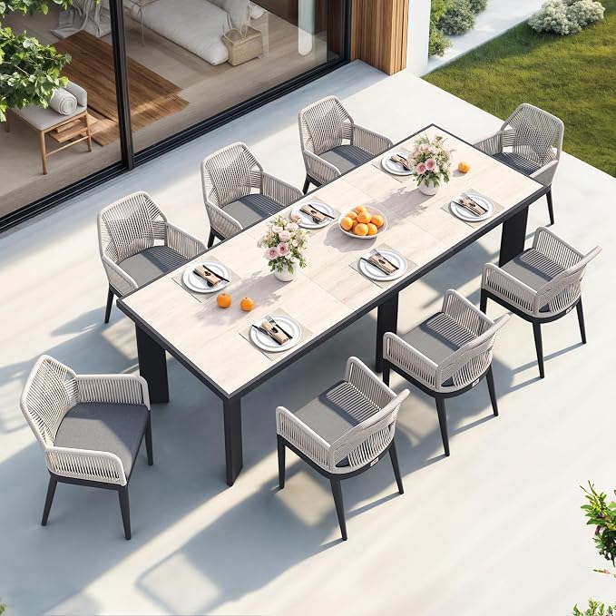 PURPLE LEAF 9 Pieces Patio Dining Set Aluminum Modern Rectangular Table and Rattan Arm Chairs with Cushions for Kitchen Porch Garden Outdoor Furniture Sets, Beige and Dark Grey by PURPLELEAF