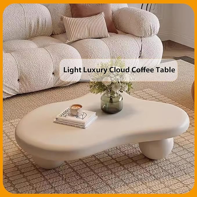 Modern Wooden Coffee Table Cloud Coffee Table Cute Central Living Room Low Table Irregular Indoor End Table White Coffee Tables with 3 Ball Legs for Living Room Bedroom (White Round Leg B 39.4 inch)