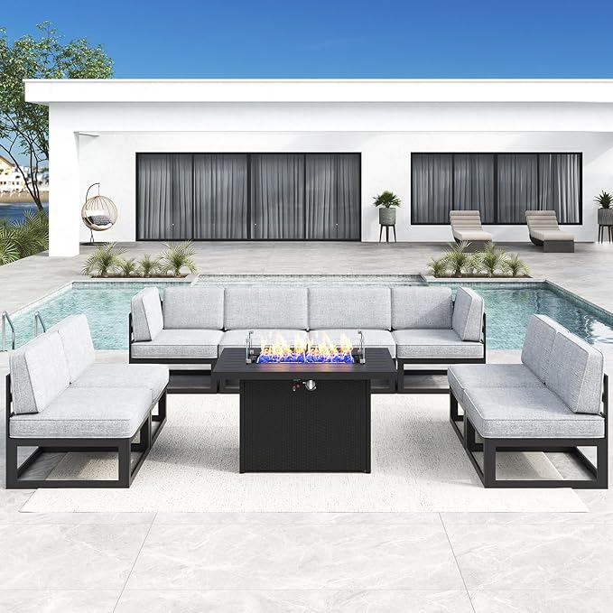 LayinSun Large Aluminum Patio Furniture Set with Fire Pit Table, 9 Pieces Modern Outdoor Conversation Set Sectional Metal Sofa Set with Olefin Cushion