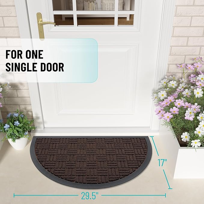 OLANLY Half Circle Door Mat Outside Entrance 29.5x17, Absorbent, Heavy Duty Sturdy Natural Rubber Doormat Indoor Outdoor, Fade Resistant, Non-Slip Backing Low Profile Floor Mat for Entryway, Brown - Image 2