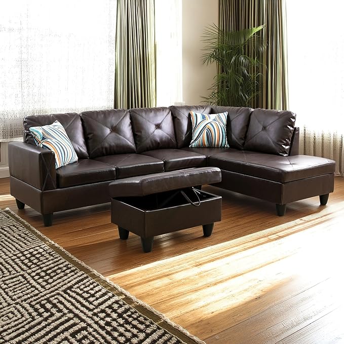 Leather L-Shape Sectional Sofa Set, 3 Piece Microfiber Couch with Storage Ottoman & Right Chaise Lounge, 97" Button Tufted Upholstered Corner Couch for Home, Living Room, Apartment, Brown