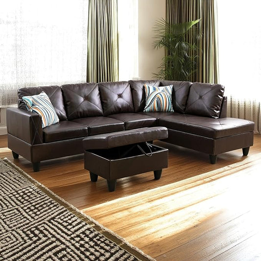 Leather L-Shape Sectional Sofa Set, 3 Piece Microfiber Couch with Storage Ottoman & Right Chaise Lounge, 97" Button Tufted Upholstered Corner Couch for Home, Living Room, Apartment, Brown