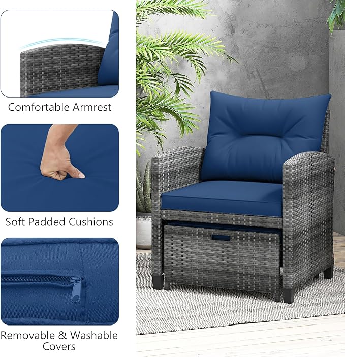 ORALNER 5 Pieces Patio Furniture Set with Ottoman, Wicker Conversation Set w/Cushions, Glass Coffee Table, Outdoor Lounger Rattan Chairs Bistro Set for Porch Balcony Garden Deck Poolside (Navy)