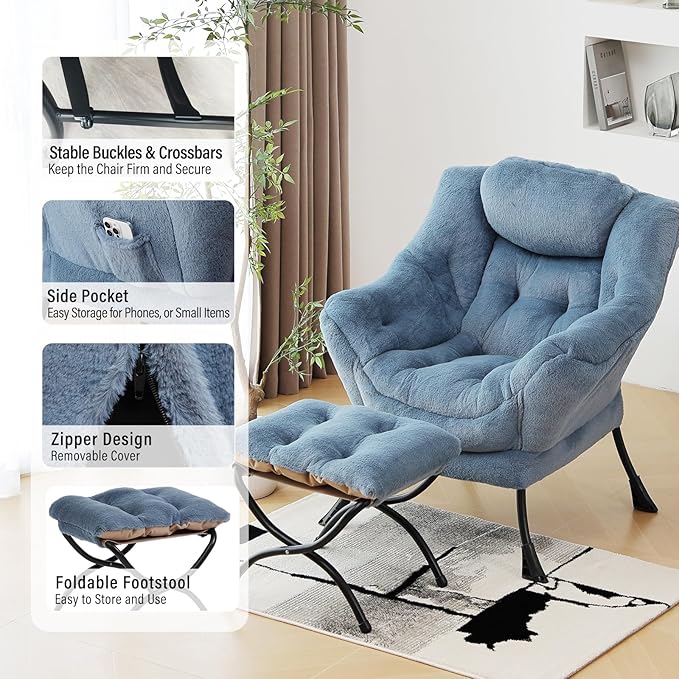 Furlide Lazy Chair with Ottoman, Modern Accent Chair with Armrests and a Side Pocket, Plush Light Blue Accent Chairs, Reading Chairs, Oversized Armchairs for Bedroom, Study, Living Room, Courtyard