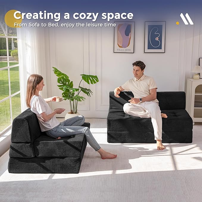 MAXYOYO 8" Folding Sofa Bed, Convertible Sleeper Sofa Lounger Foldable Mattress, Wedge Shape Floor Couch Tufted Fold Out Chair Bed Comfy Floor Couch Lounge for Living Room Bedroom, Single, Black