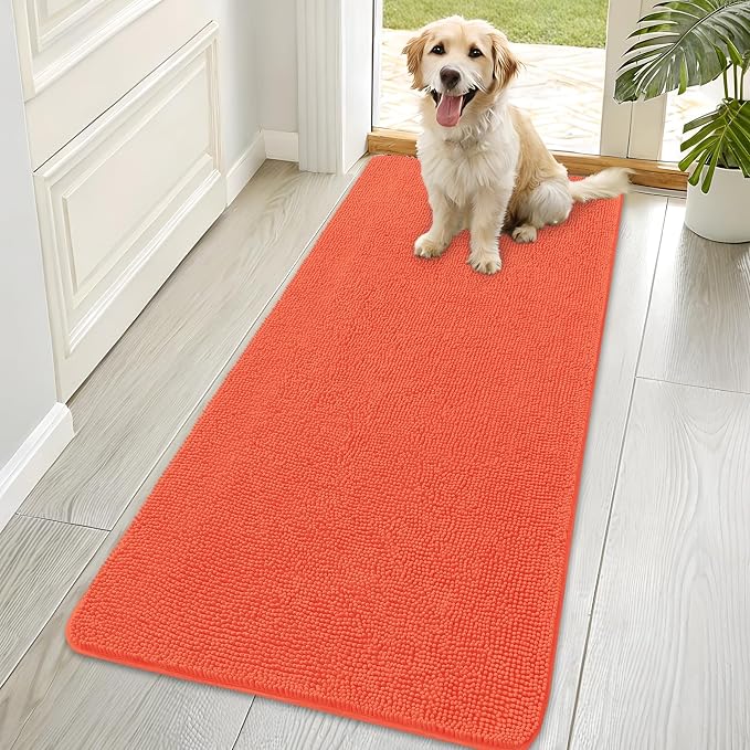 OLANLY Dog Door Mat for Muddy Paws 70x35, Absorbs Moisture and Dirt, Absorbent Non-Slip Washable Doormat, Quick Dry Chenille Mud Mat for Dogs, Entry Indoor Entryway Carpet for Inside Floor, Coral by OLANLY