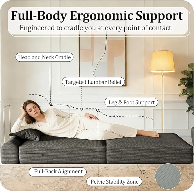 31.5'' Convertible Compressed Corduroy Folding Cloud Sofa Bed Set of 2, 2 Pieces Modern Boneless Pull Out Sleeper Sofa Couch, 3 in 1 Portable Lazy Floor Lounge Chair Set, No Assembly Needed, Grey