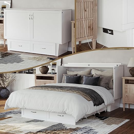 AFI, Chelsea Mid-Century Modern Queen Solid Wood Murphy Bed Chest with 6" Mattress, Storage Drawer & Built-in USB Charger, White