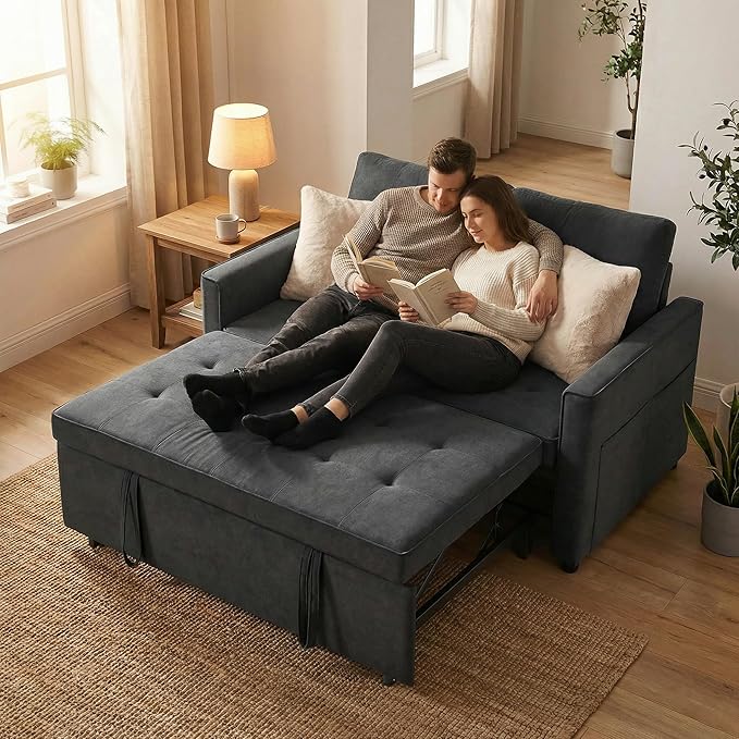 Casaphoria Pull Out Couch Bed, 3-in-1 Convertible Sleeper Sofa with Adjustable Backrest, Velvet Futon Loveseat with Side Pockets for Small Spaces, Living Room & Guest Room (Dark Grey)