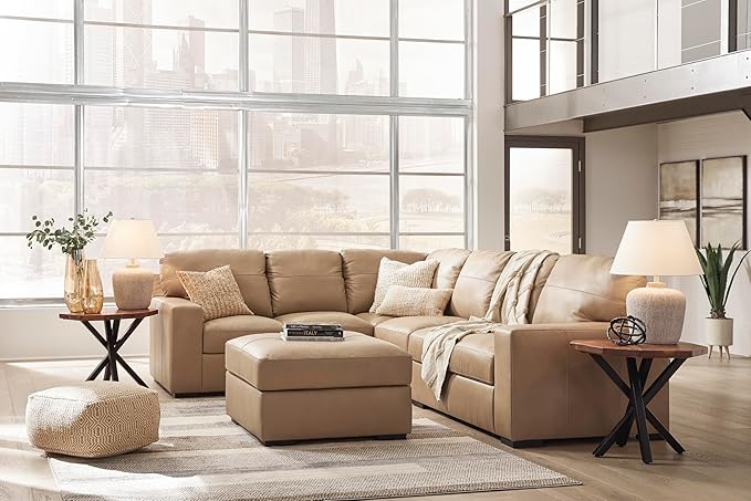 Signature Design by Ashley Bandon Modern Leather Match Left-Arm Facing 3-Piece Sectional with Removable Cushions and Armrest, Light Brown