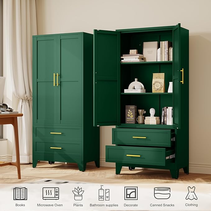 GAIOUS Steel Pantry Cabinet, 71" Metal Storage Cabinets with 2 Doors, 2 Adjustable Shelf and 2 Drawers, Freestanding Storage Cabinet for Bedroom, Kitchen, Home Office (Green)