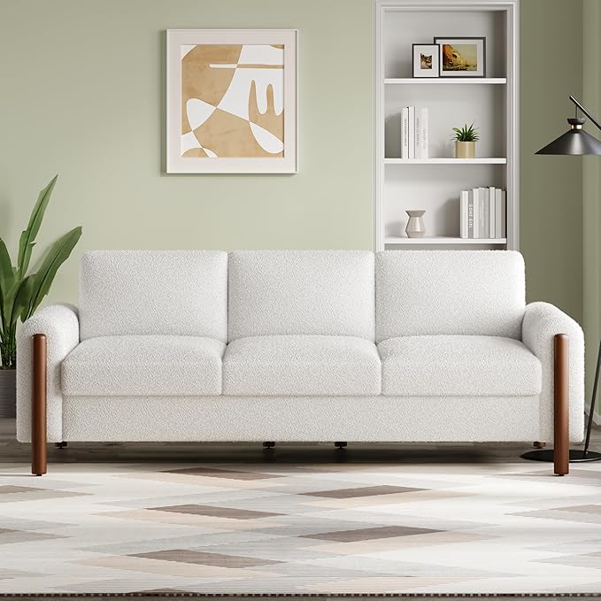Christopher Knight Home Yadil Teddy Fleece Upholstered 3 Seater Sofa Couch, Wooden Home Sofa Living Room, Comfy Cloud Couch for Bedroom, Home Office, Cream White