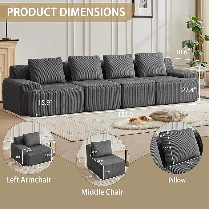 Modular Sectional Sofa with Movable Ottoman, 4 Seat Deep Seat Couch with 4 Pillows, Comfy Cloud Sectional Sofa for Living Room, Bedroom and Apartment (Grey, 1 Left+1 Right+2 Middle)